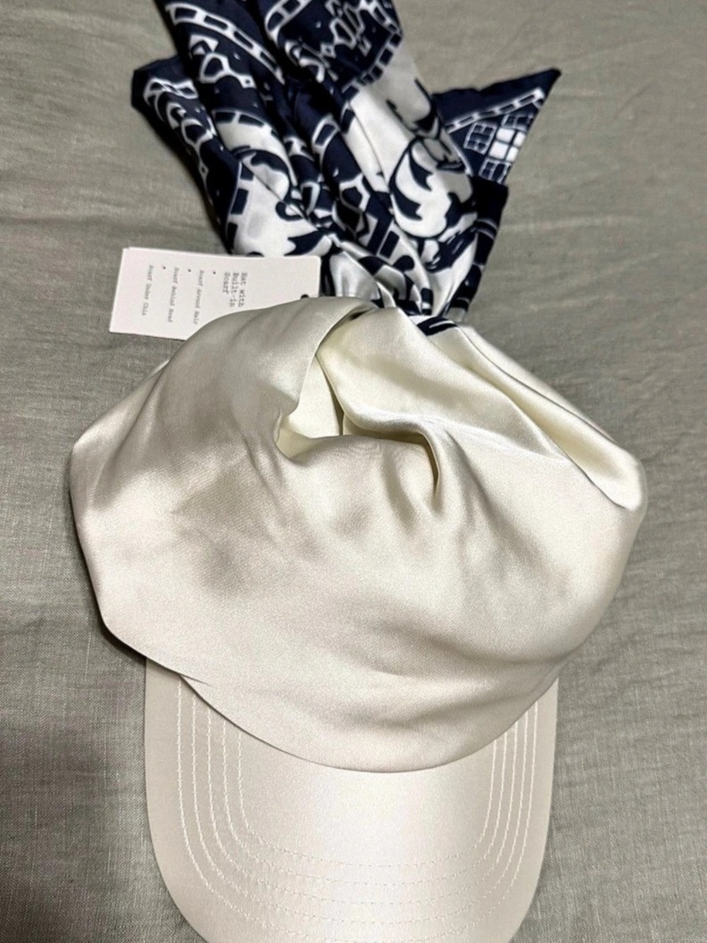 Satin Hat with Built-in Scarf White & Blue Cap One Size NWT